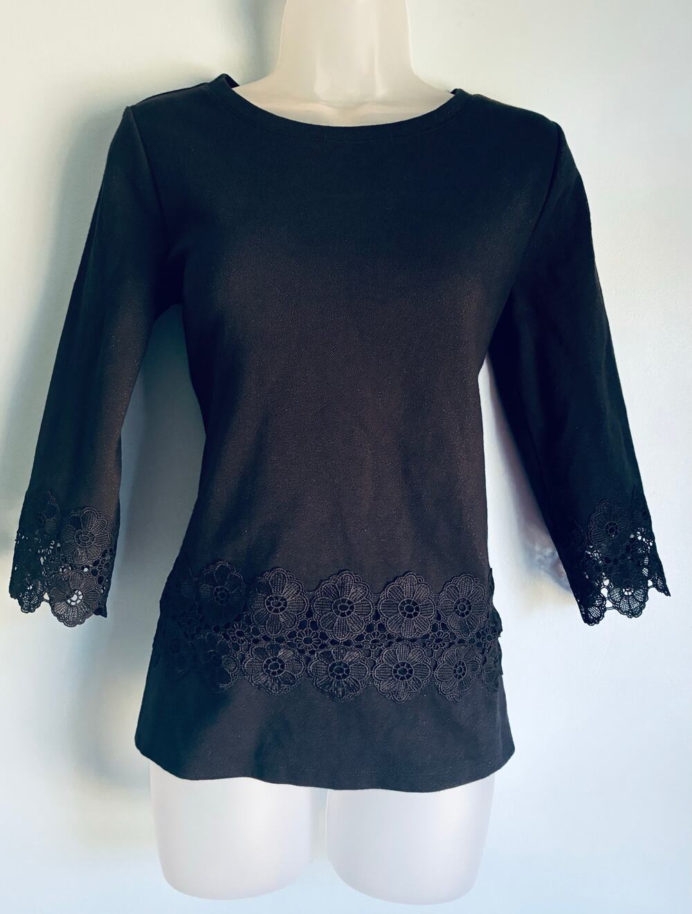 Talbots Petite Small Black Lace Adorned Knit Top